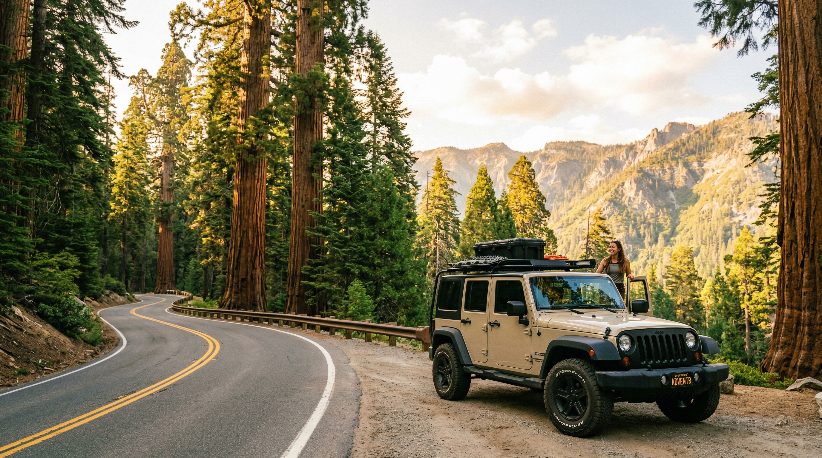 2017 Jeep Wrangler Unlimited Sport on a Sequoia mountain road available for rent on Turo in Fresno CA